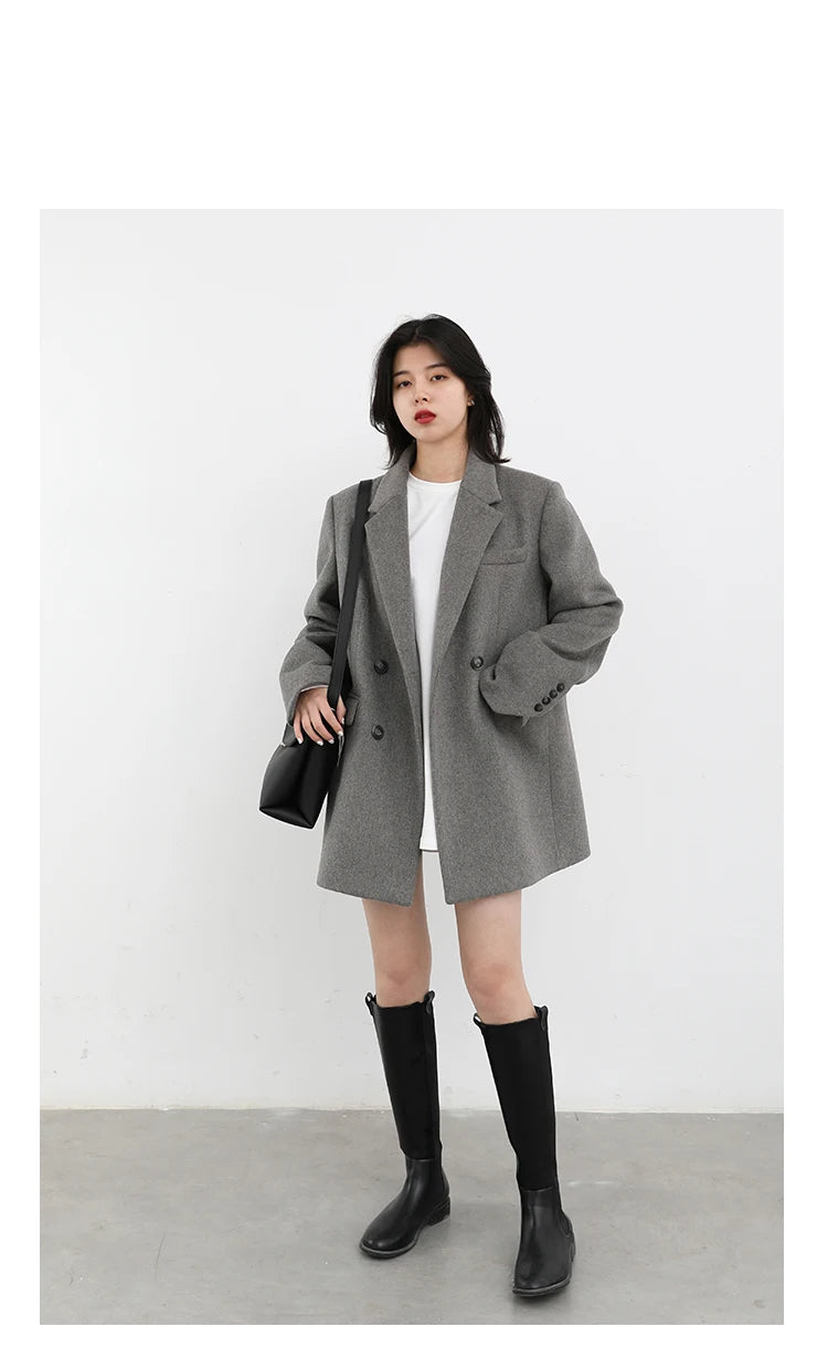 Diva Wool Blend Coat Solid Mid Long Woolen Blazer