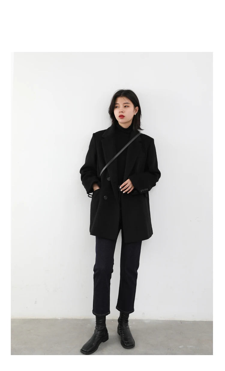 Diva Wool Blend Coat Solid Mid Long Woolen Blazer