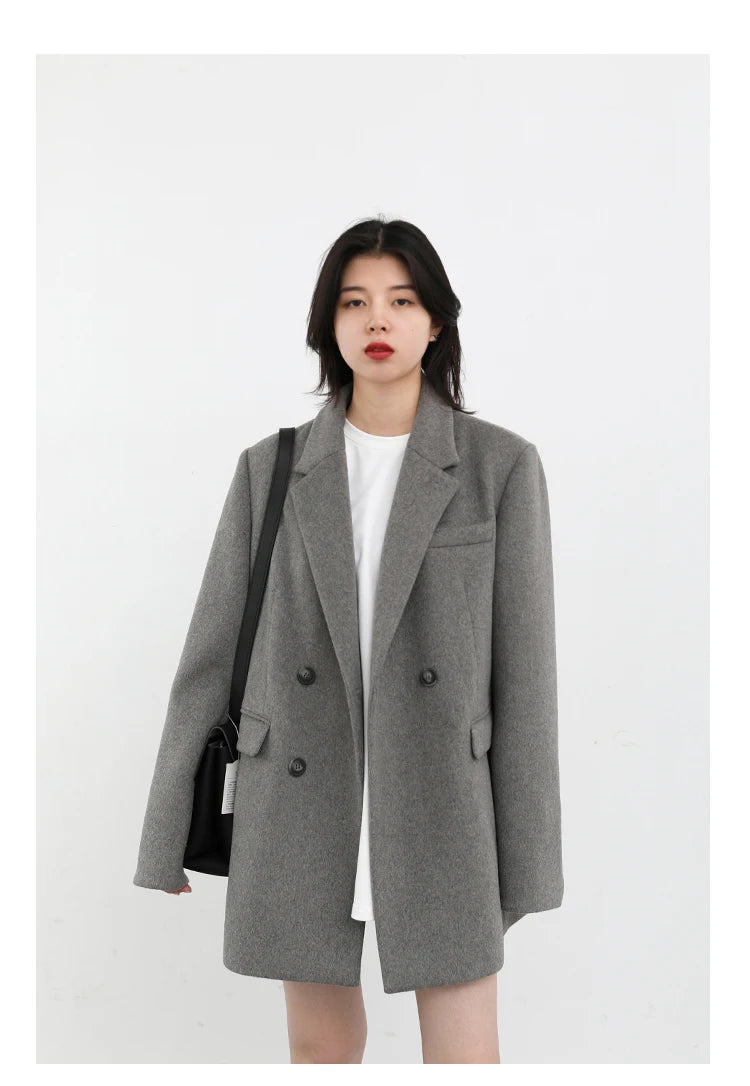 Diva Wool Blend Coat Solid Mid Long Woolen Blazer