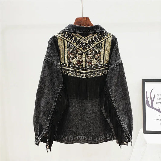 Femme Denim Jacket Korean Floral Embroidery Suede