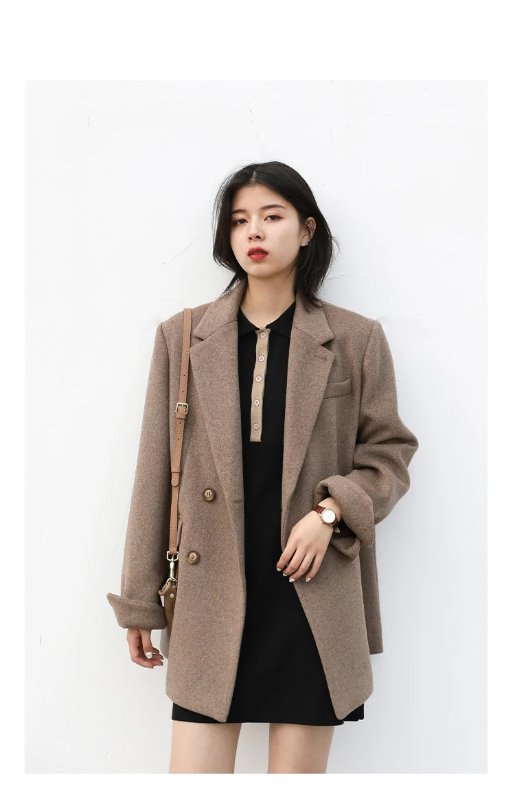 Diva Wool Blend Coat Solid Mid Long Woolen Blazer