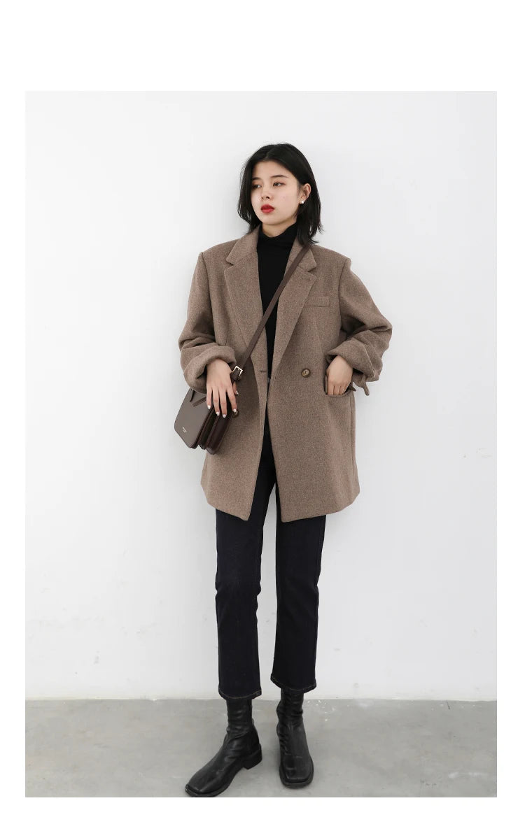 Diva Wool Blend Coat Solid Mid Long Woolen Blazer