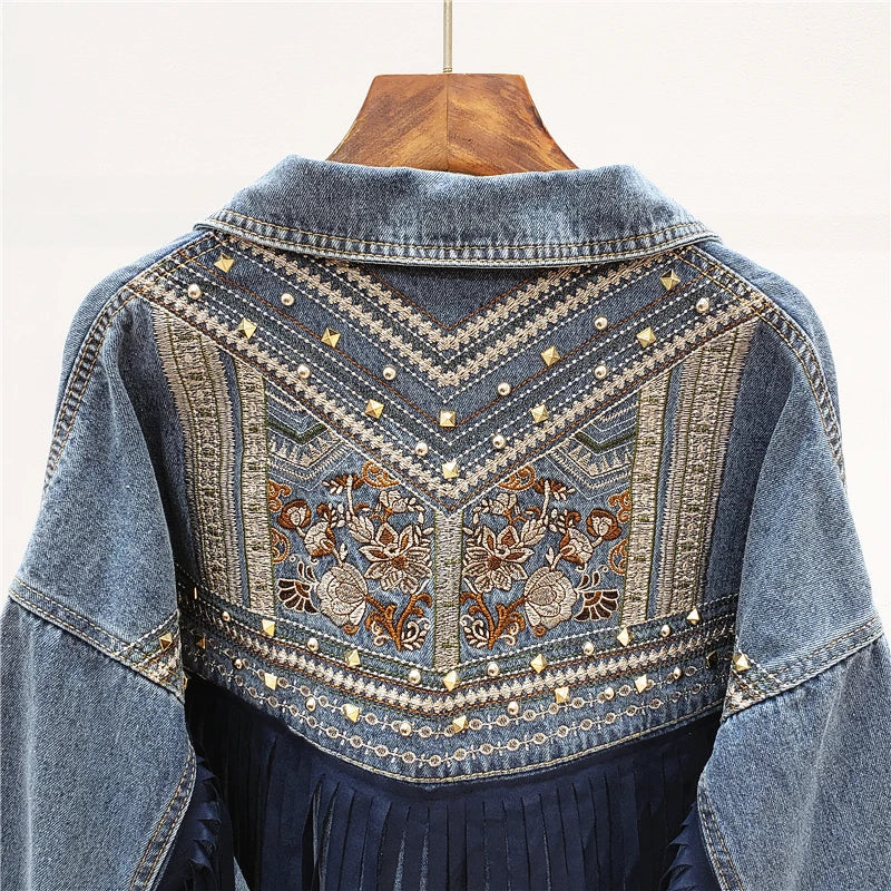 Femme Denim Jacket Korean Floral Embroidery Suede