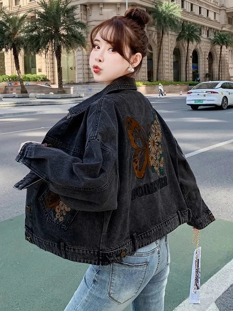 Diva Butterfly Flower Embroidered Letter Denim Jacket