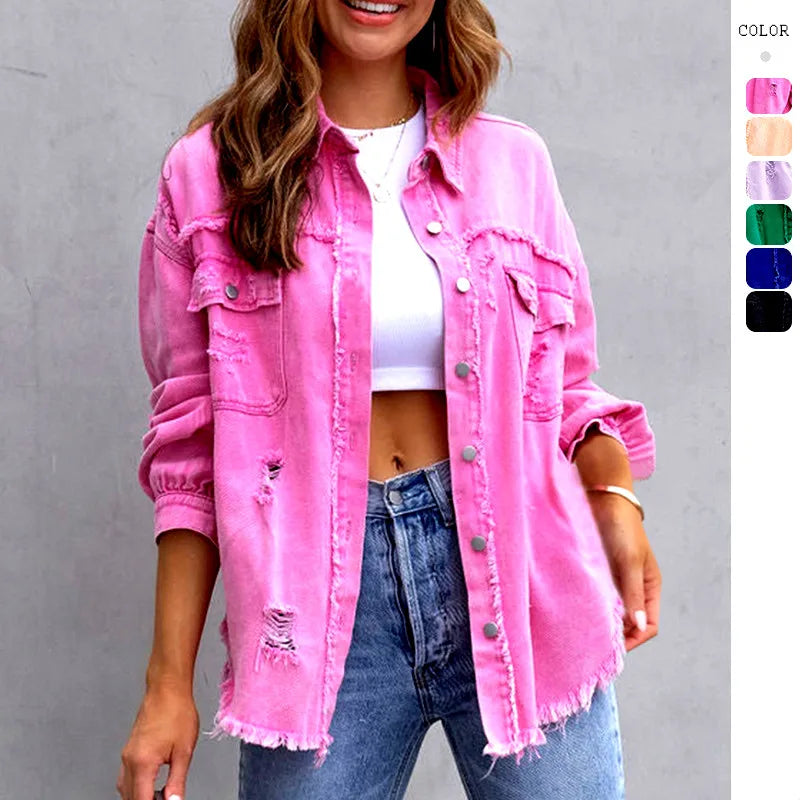 Femme Pocket Hole Tassel Turndown Collar Denim Jacket