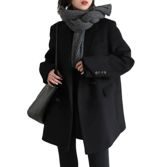 Diva Wool Blend Coat Solid Mid Long Woolen Blazer