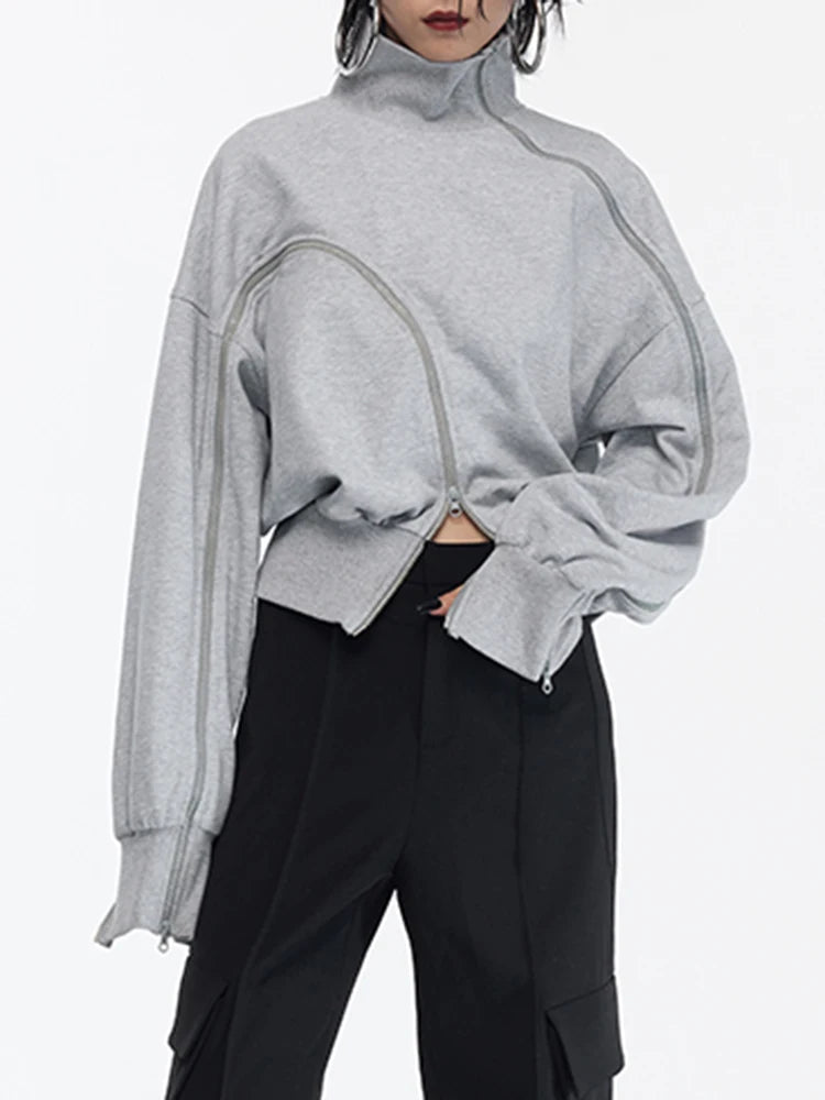 Solid Patchwork Zipper Streetwear Sweatshirts For Divas