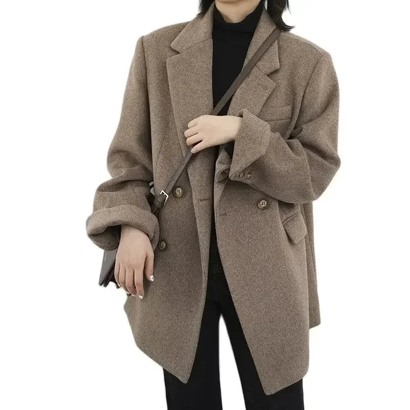 Diva Wool Blend Coat Solid Mid Long Woolen Blazer