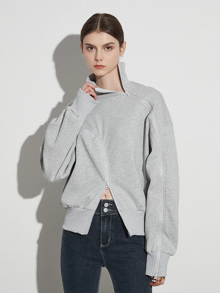 Solid Patchwork Zipper Streetwear Sweatshirts For Divas