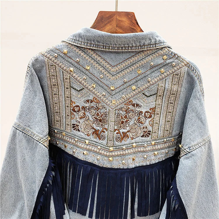 Femme Denim Jacket Korean Floral Embroidery Suede