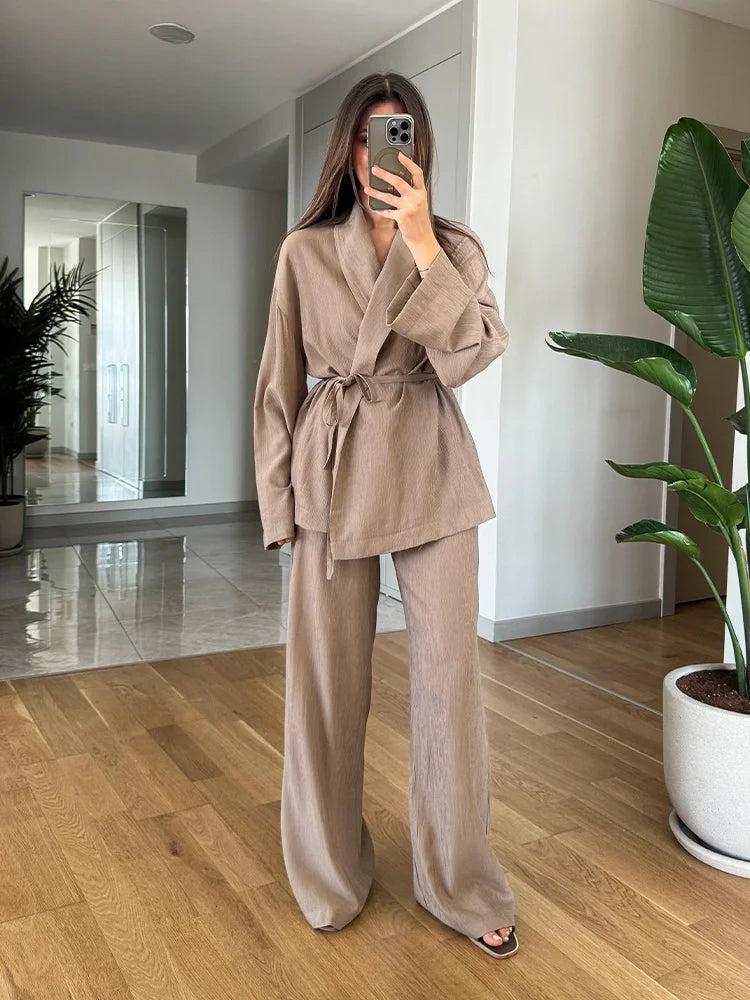 Diva Pants Suit Solid Khaki Drawstring Long Sleeve Cardigan Blouse