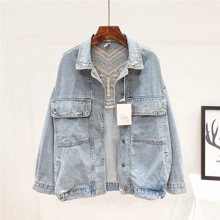 Femme Denim Jacket Korean Floral Embroidery Suede