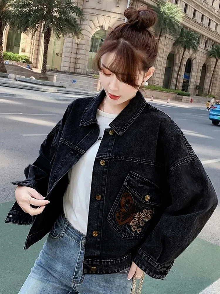 Diva Butterfly Flower Embroidered Letter Denim Jacket