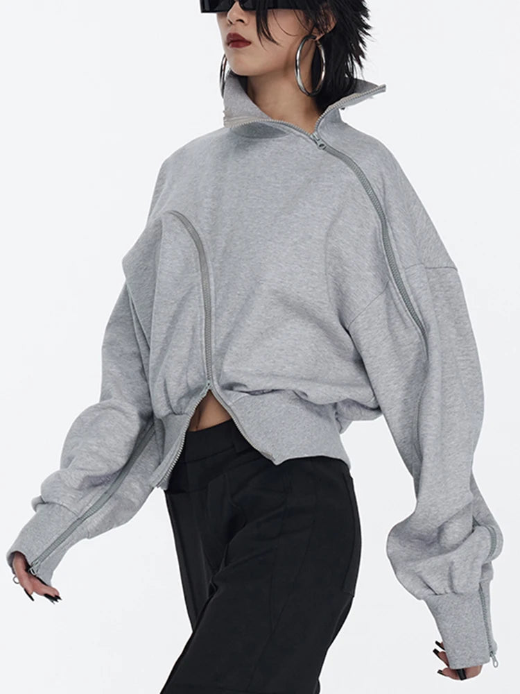 Solid Patchwork Zipper Streetwear Sweatshirts For Divas