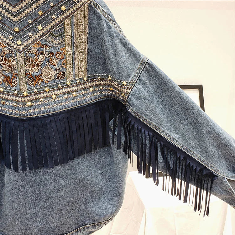 Femme Denim Jacket Korean Floral Embroidery Suede