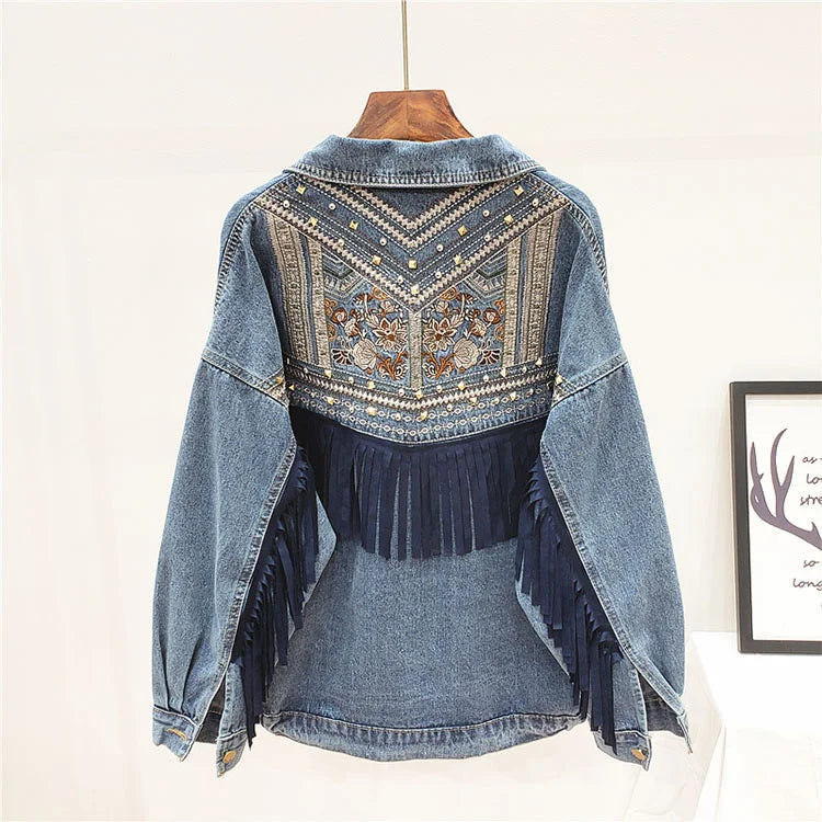 Femme Denim Jacket Korean Floral Embroidery Suede