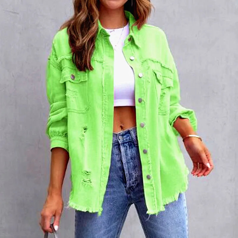 Femme Pocket Hole Tassel Turndown Collar Denim Jacket