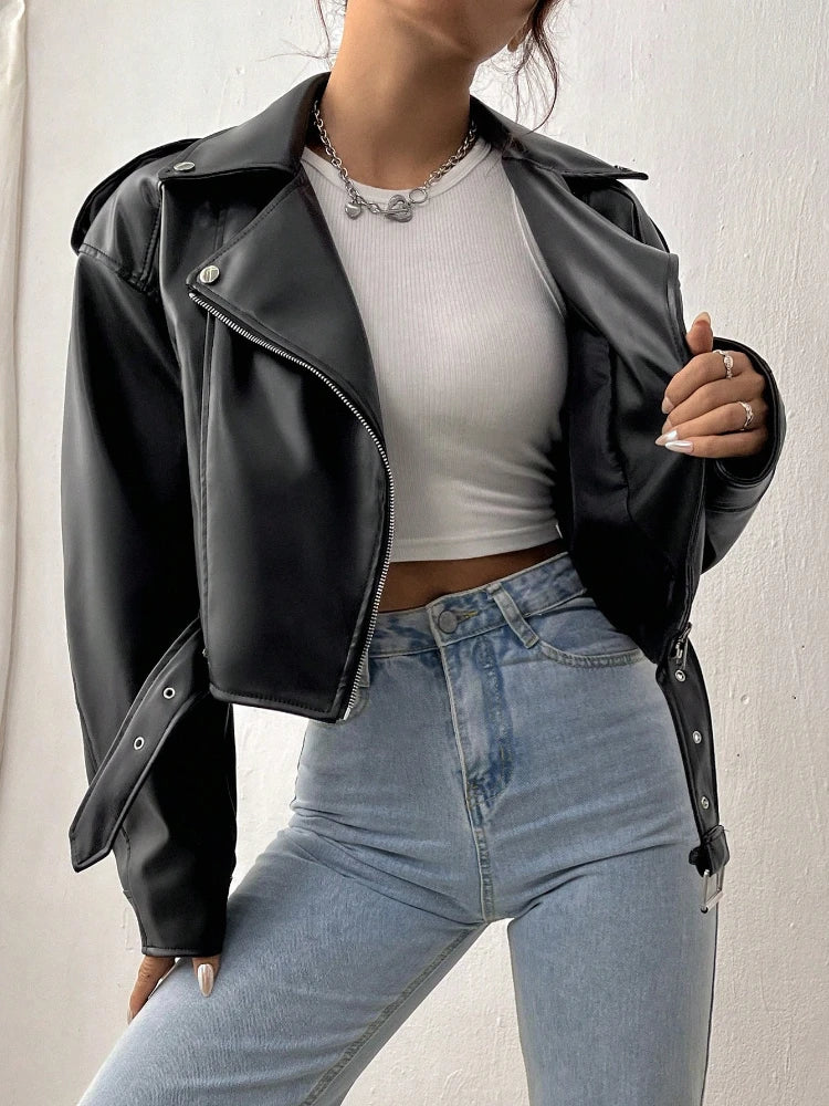 Diva Lapel Zipper Faux PU Leather Jacket