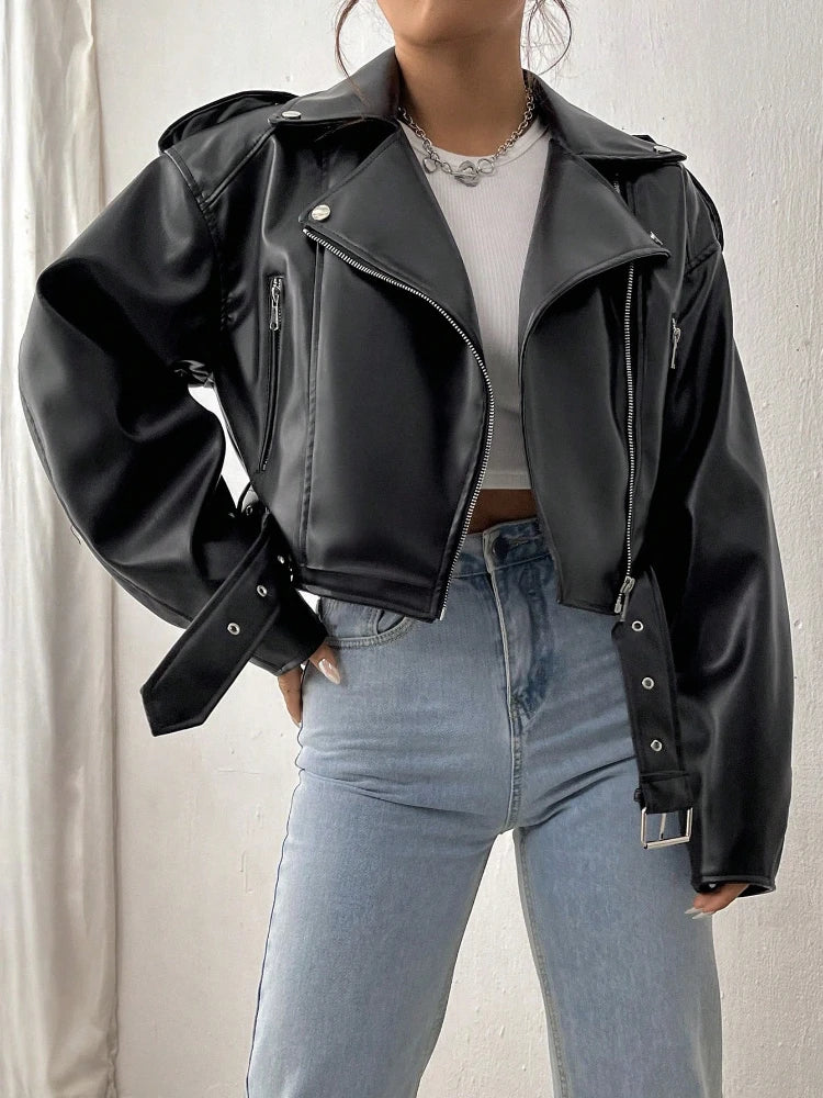 Diva Lapel Zipper Faux PU Leather Jacket