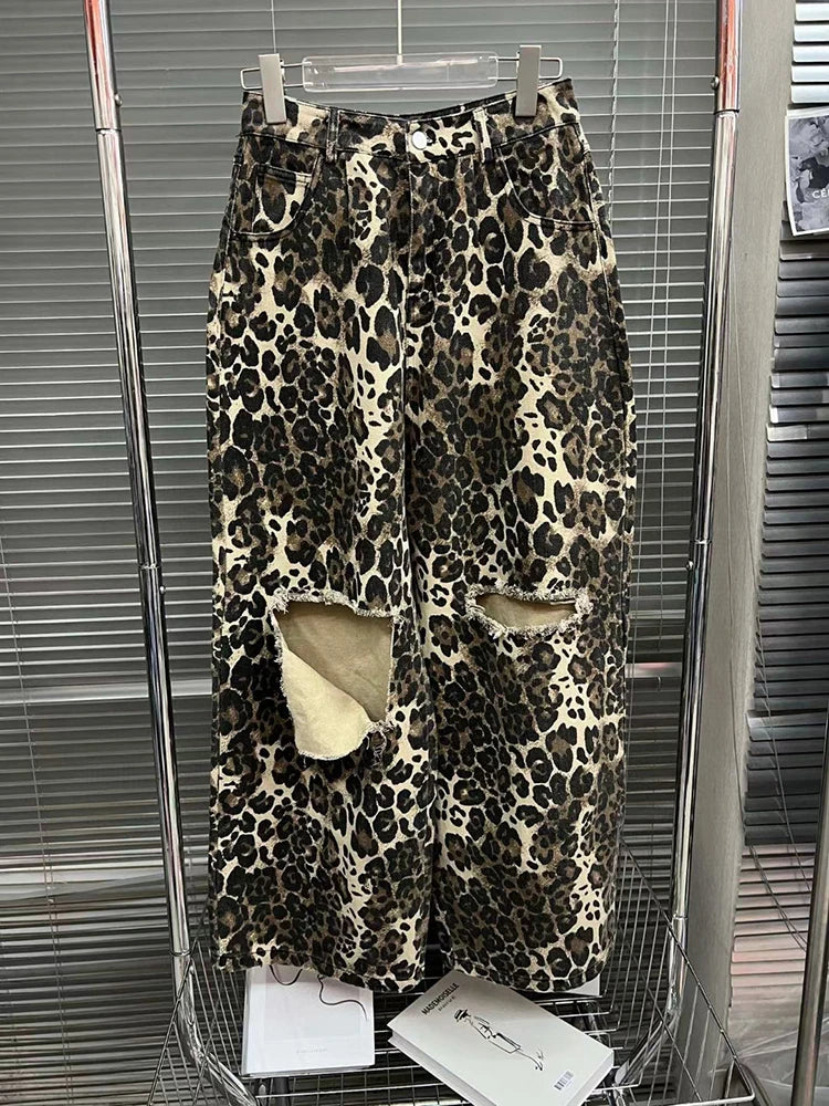 Leopard Ripped Wide Leg Jeans For Divas