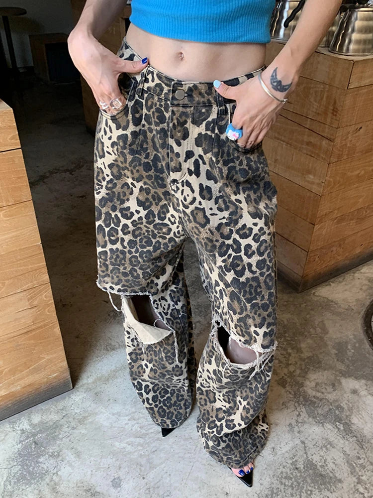 Leopard Ripped Wide Leg Jeans For Divas