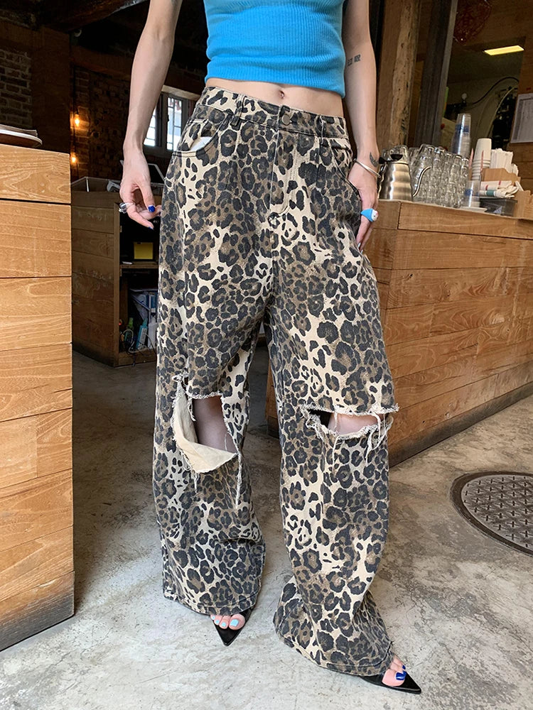 Leopard Ripped Wide Leg Jeans For Divas