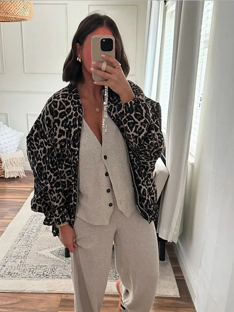 Diva Leopard Printed Pattern Lamb Wool Coat