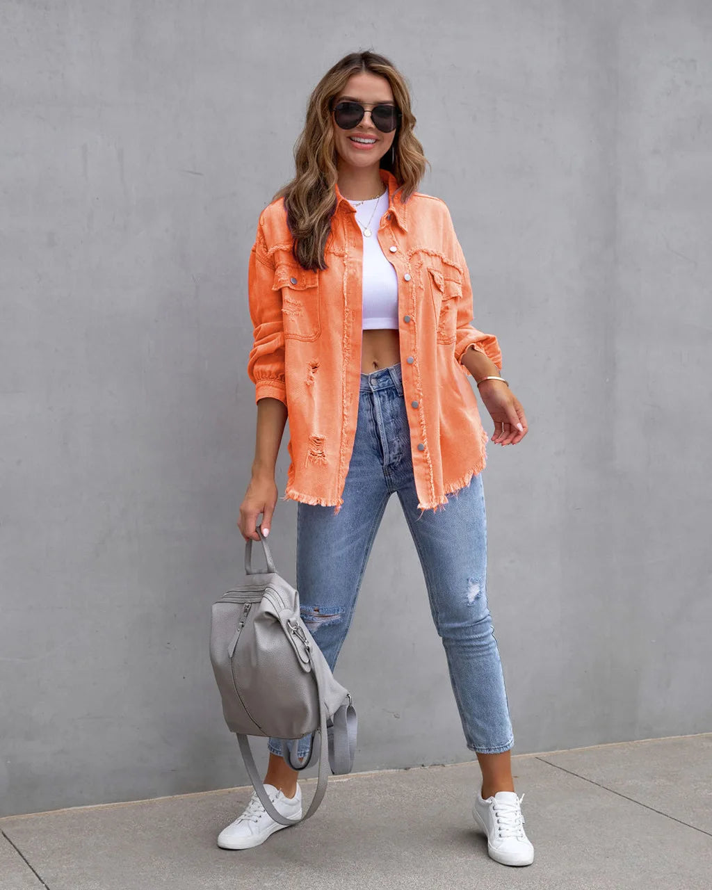 Femme Pocket Hole Tassel Turndown Collar Denim Jacket