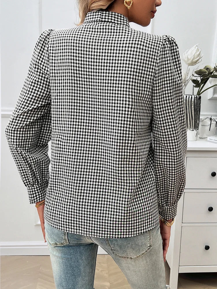 Trending Bow Puff Sleeve Plaid Shirt